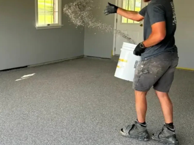Installer broadcasting decorative flakes onto a gray epoxy garage floor