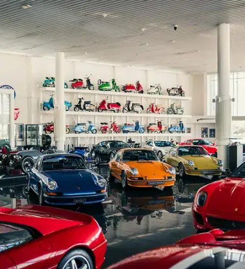 Luxury cars in a showroom, an example of showroom epoxy flooring in use